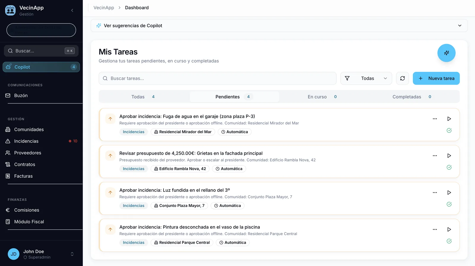 Copilot de VecinApp: tareas y sugerencias con IA para administradores de fincas